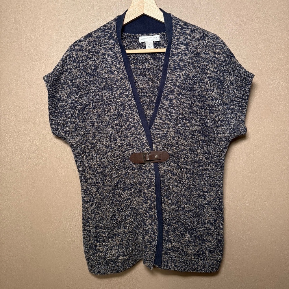 Women's Blue Knit Short Sleeve Sweater with Buckle Closure Size Large Preppy Y2K